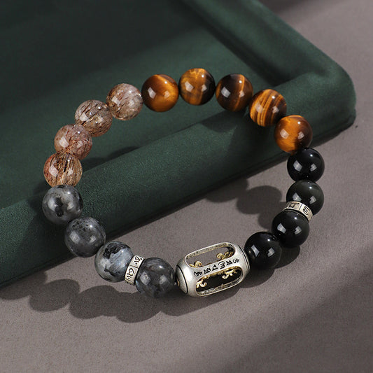 925 Silver Hoop Mantra Yellow Tiger Eyes Black Myth Wukong Bracelet